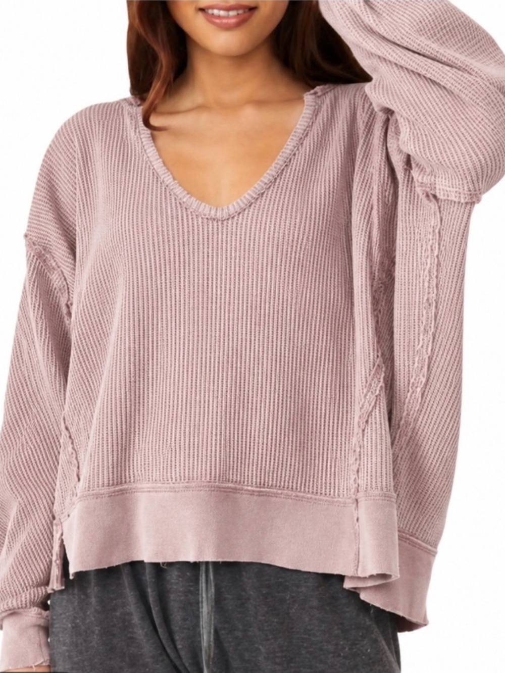 We The Free People Large Lavender Waffle V-Neck Sweater Buttercup